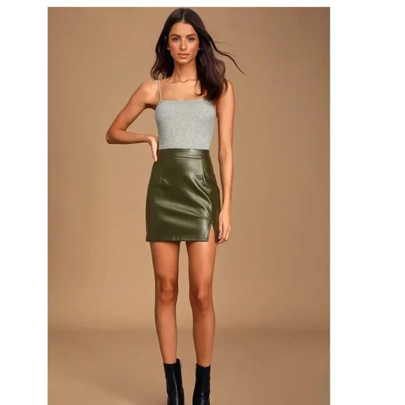 Lulu s Olive Green Vegan Leather Mini Skirt